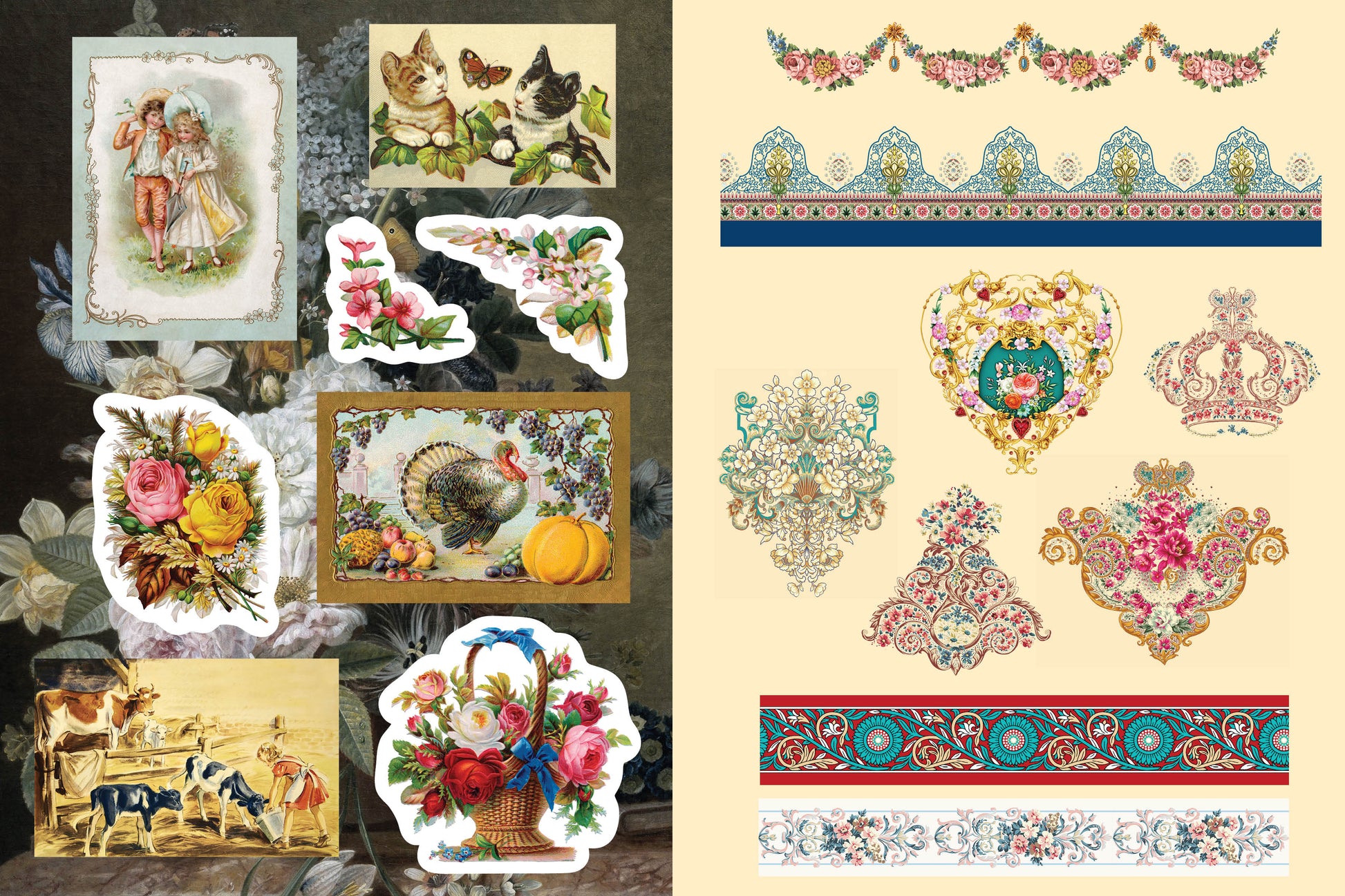 Collection of vintage-style illustrations and decorative elements on a collage.