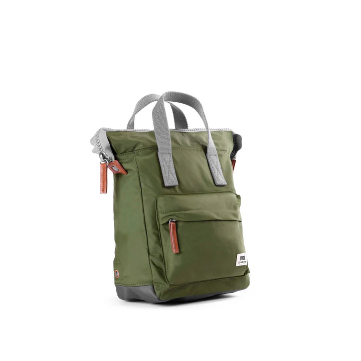 side view of green bantry b backpack.