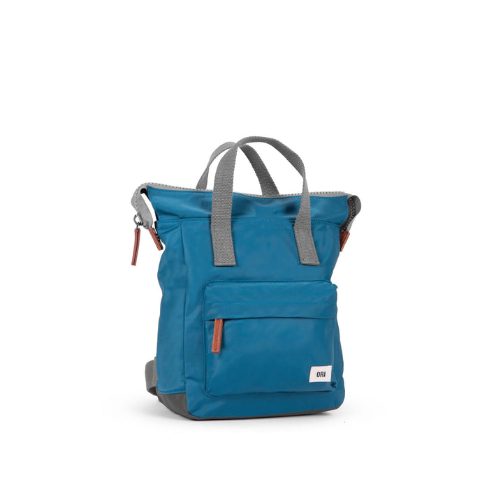 side view of blue bantry backpack.