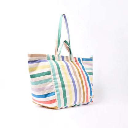 side view of Multicolored striped tote bag on a white background