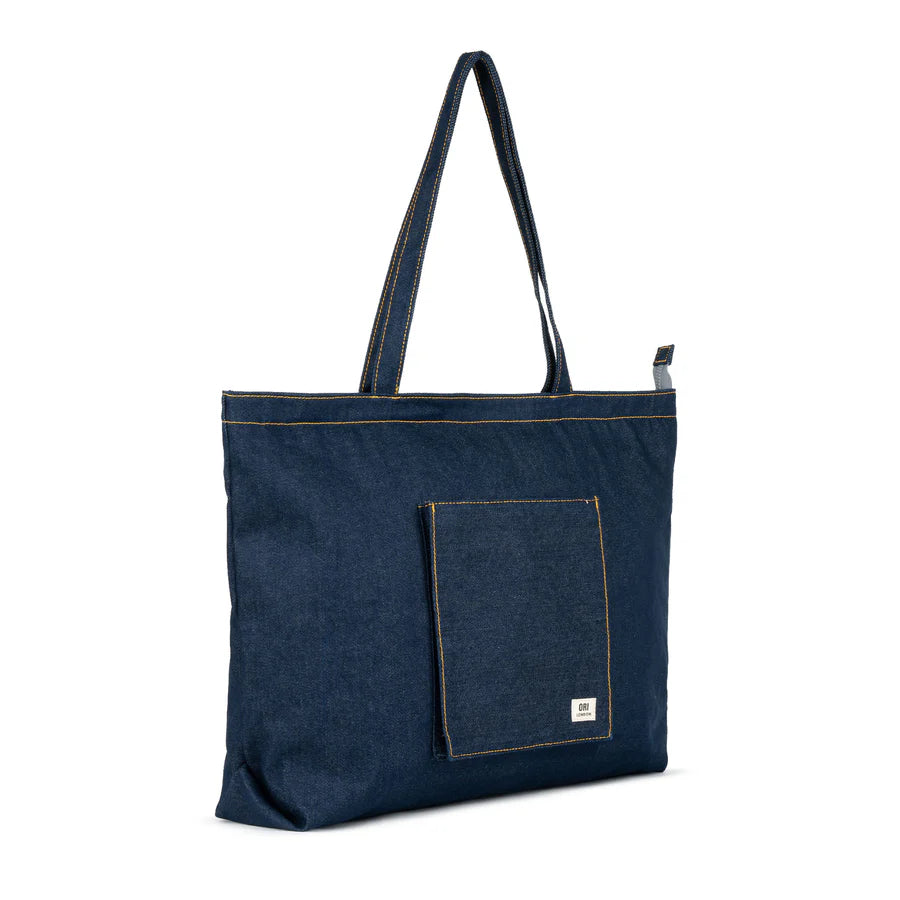 side view of Dark Wash Denim Portobello Tote

