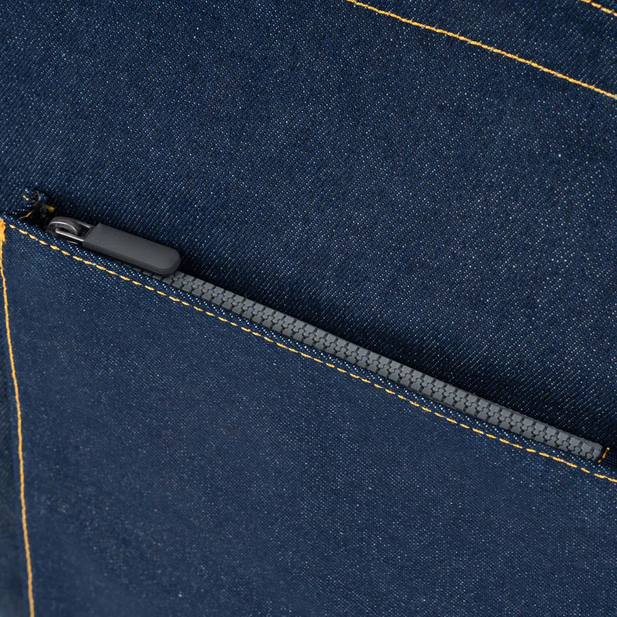 close-up of external pocket on Dark Wash Denim Portobello Tote
