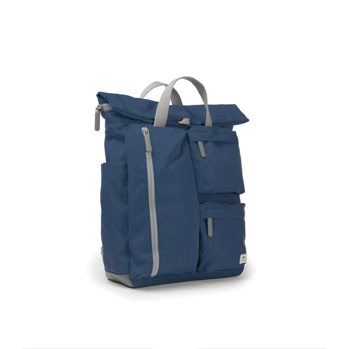 side view of deep blue Richmond backpack.