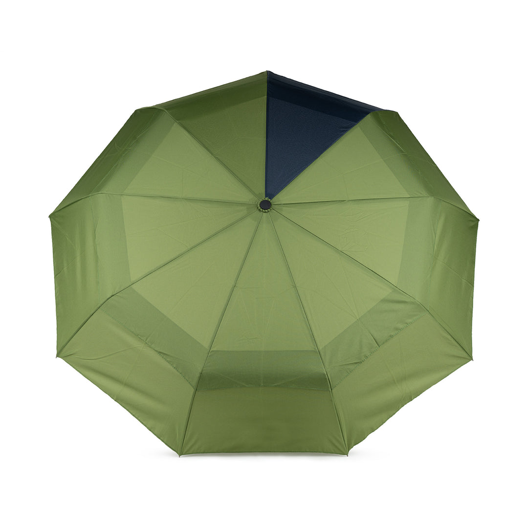avocado green open umbrella with blue triangle section