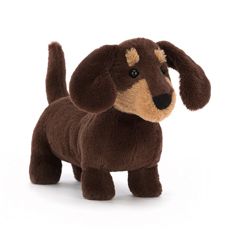 front angled view of Otto Sausage Dog Plush Toy displayed against a white background