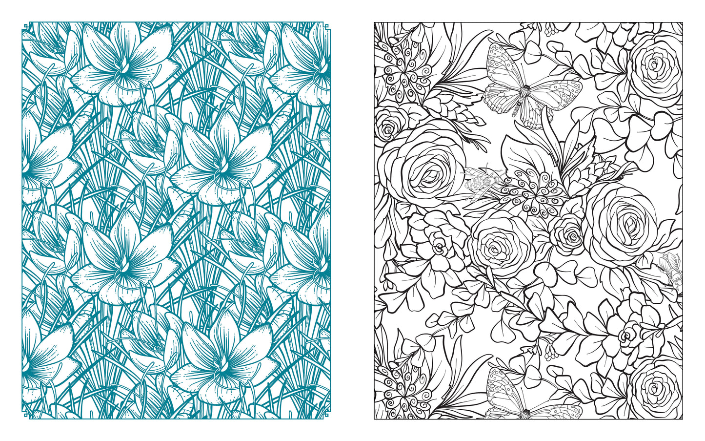 Two floral coloring pages, one in color and one in black and white, side by side.
