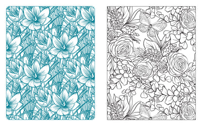 Two floral coloring pages, one in color and one in black and white, side by side.