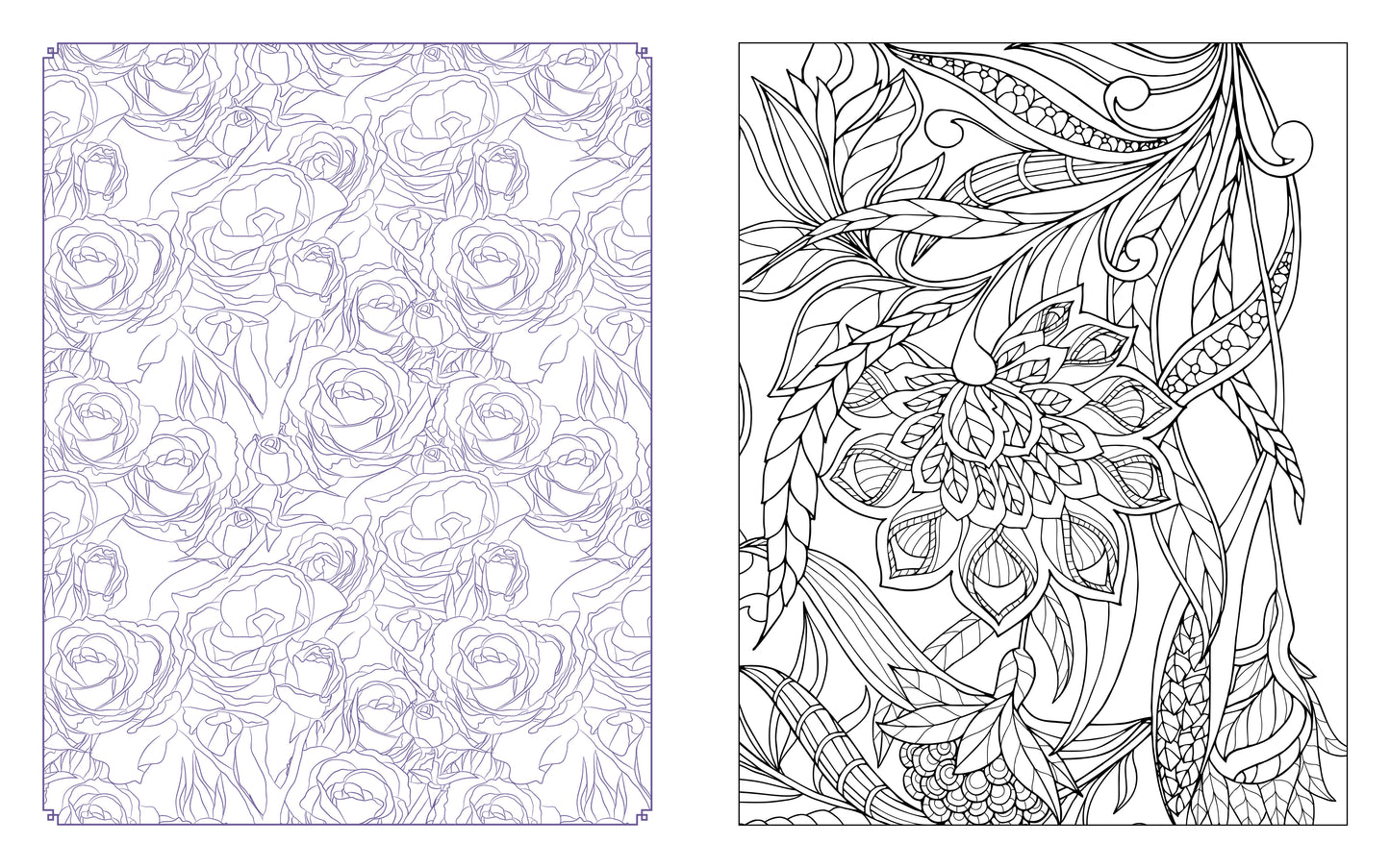 Two floral coloring pages with intricate designs on a white background.