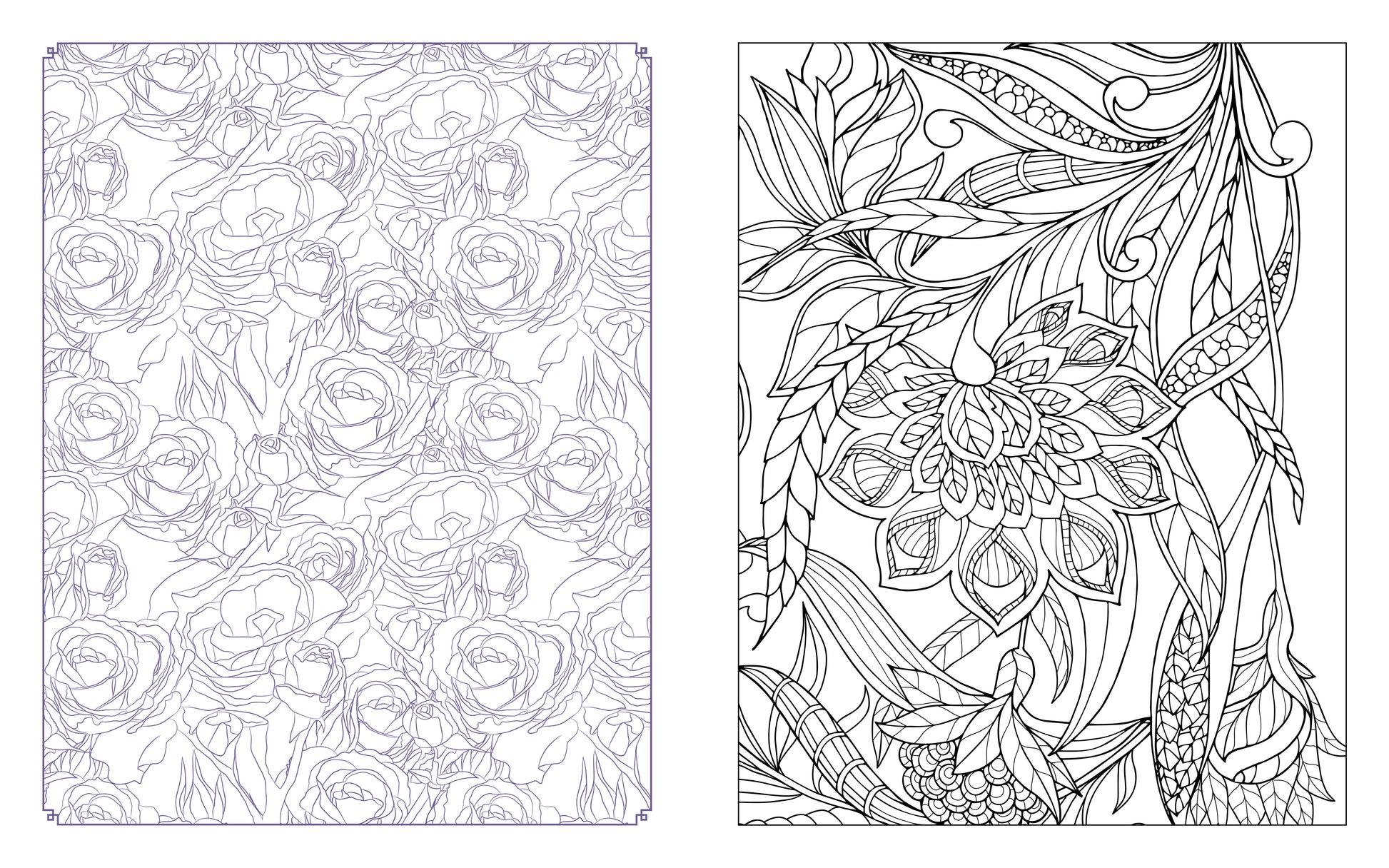 Two floral coloring pages with intricate designs on a white background.
