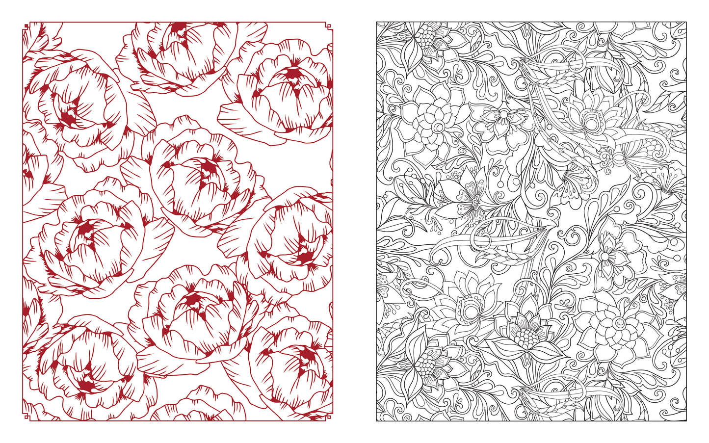 Two floral patterns, one red and one black and white, on a white background.