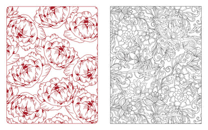 Two floral patterns, one red and one black and white, on a white background.