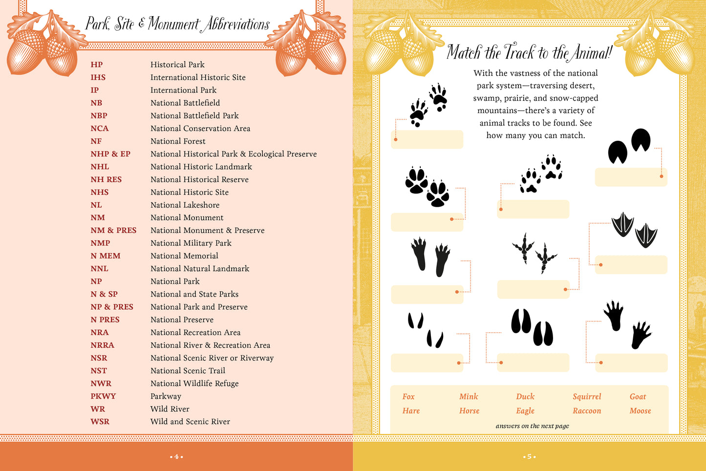 Educational page with park site and monument abbreviations and animal tracks matching activity.