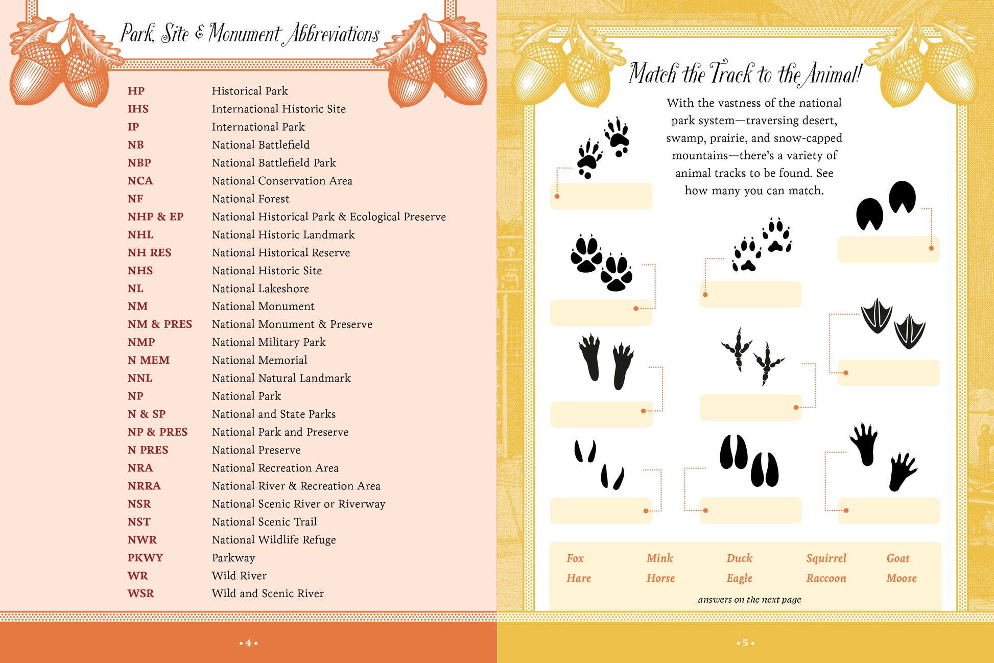 Educational page with park site and monument abbreviations and animal tracks matching activity.