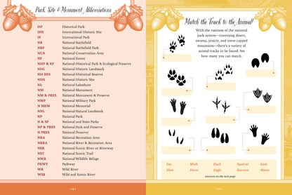 Educational page with park site and monument abbreviations and animal tracks matching activity.