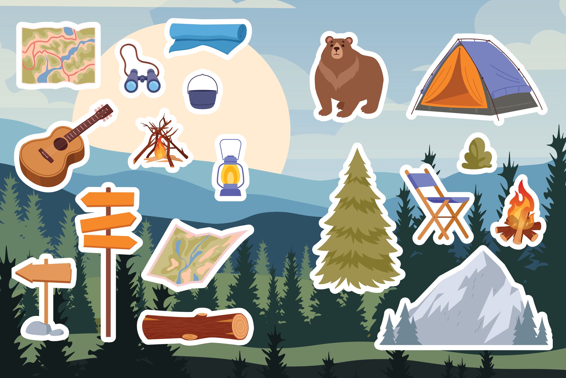 Set of camping-themed stickers including a tent, bear, campfire, and map on a scenic background.