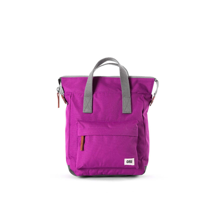 violet bantry backpack with grey straps.