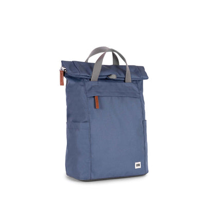 side view of blue finchley backpack.
