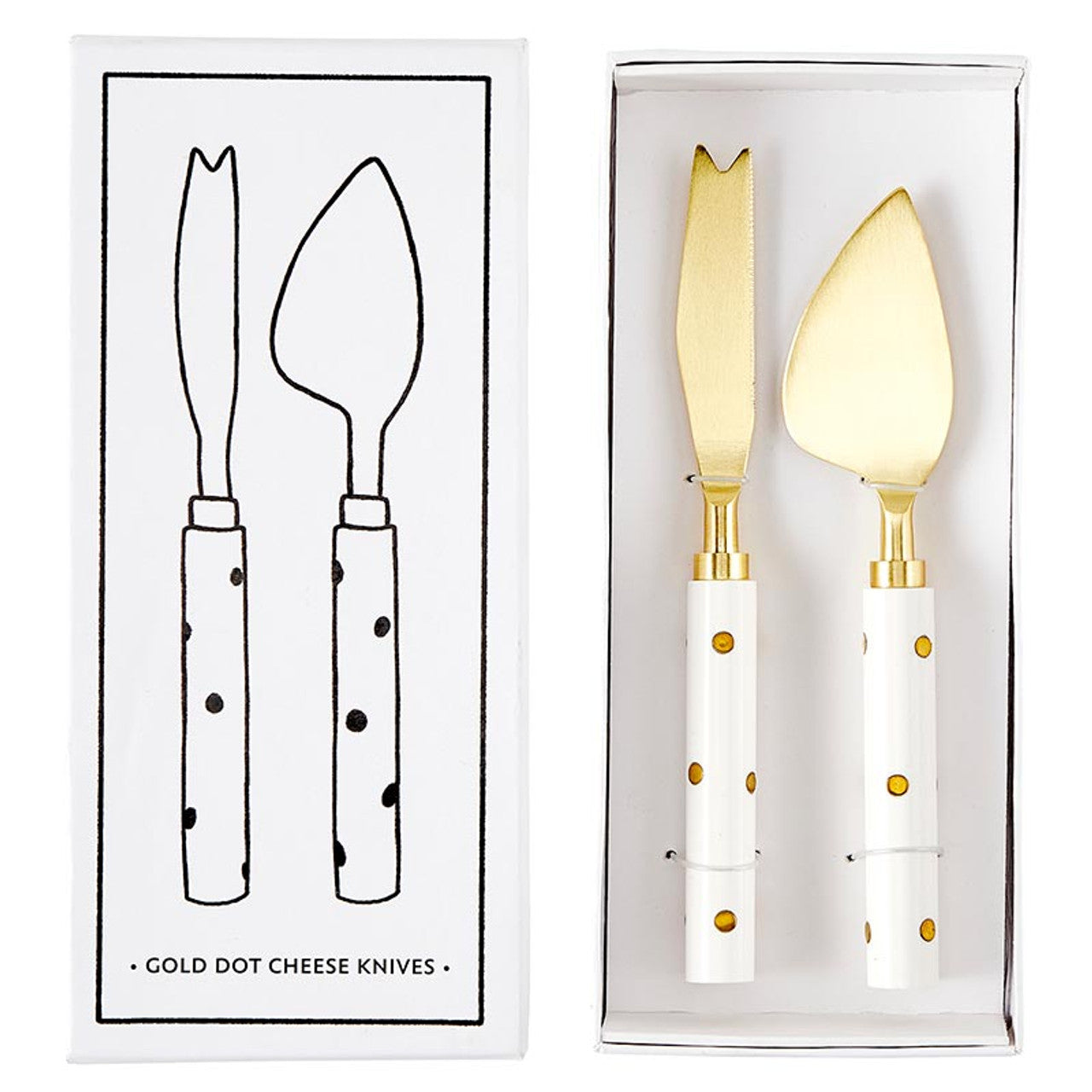 gold dot cheese knives with their box packaging.