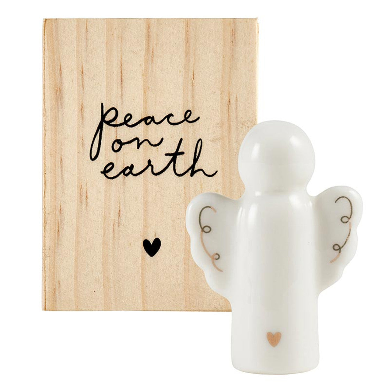 white angel with gold accents on its wings and a small heart on the bottom set next to a wooden box.