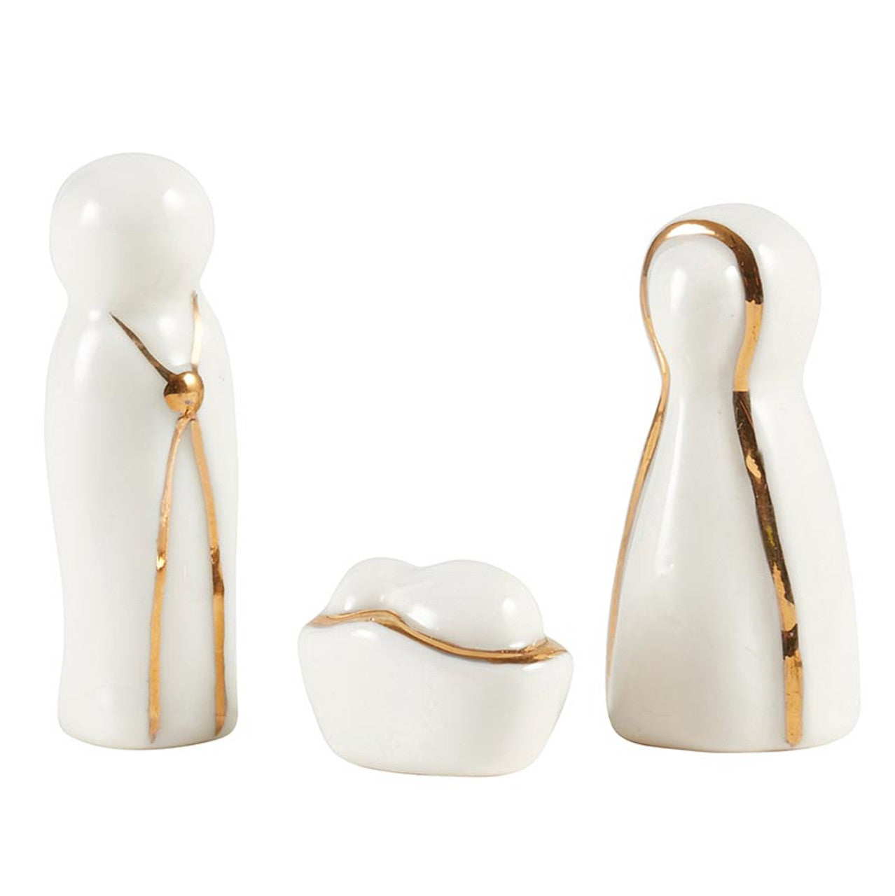 White ceramic figures of Mary Joseph and baby Jesus with golden accents arranged on a white background