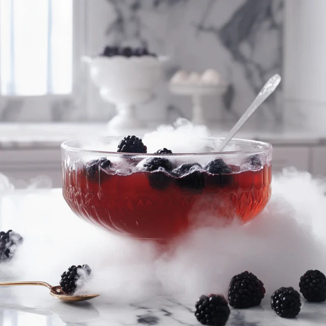 spooky fruit punch bowl filled with berries and a red liquid