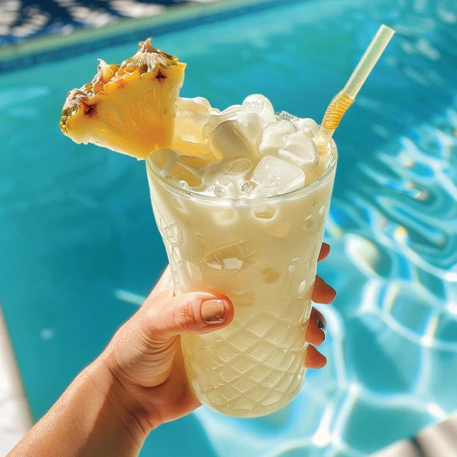 tropical coconut drink in a hand with a pool in the background