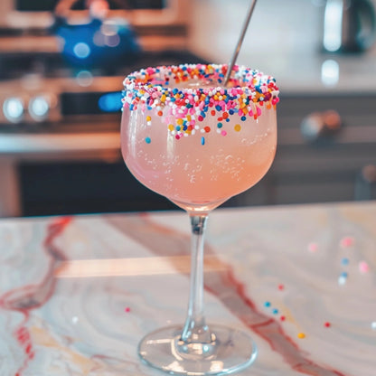 pink mixed drink with sprinkles on rim