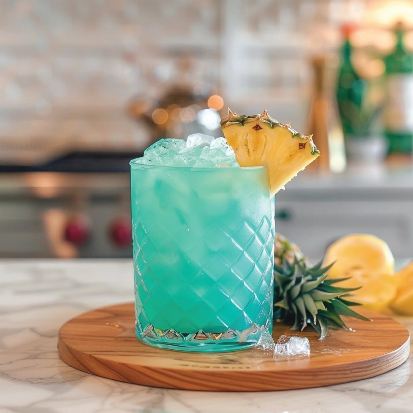 Blue cocktail with pineapple wedge.