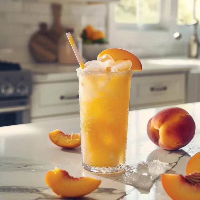 peach iced beverage on a counter with peach slices around