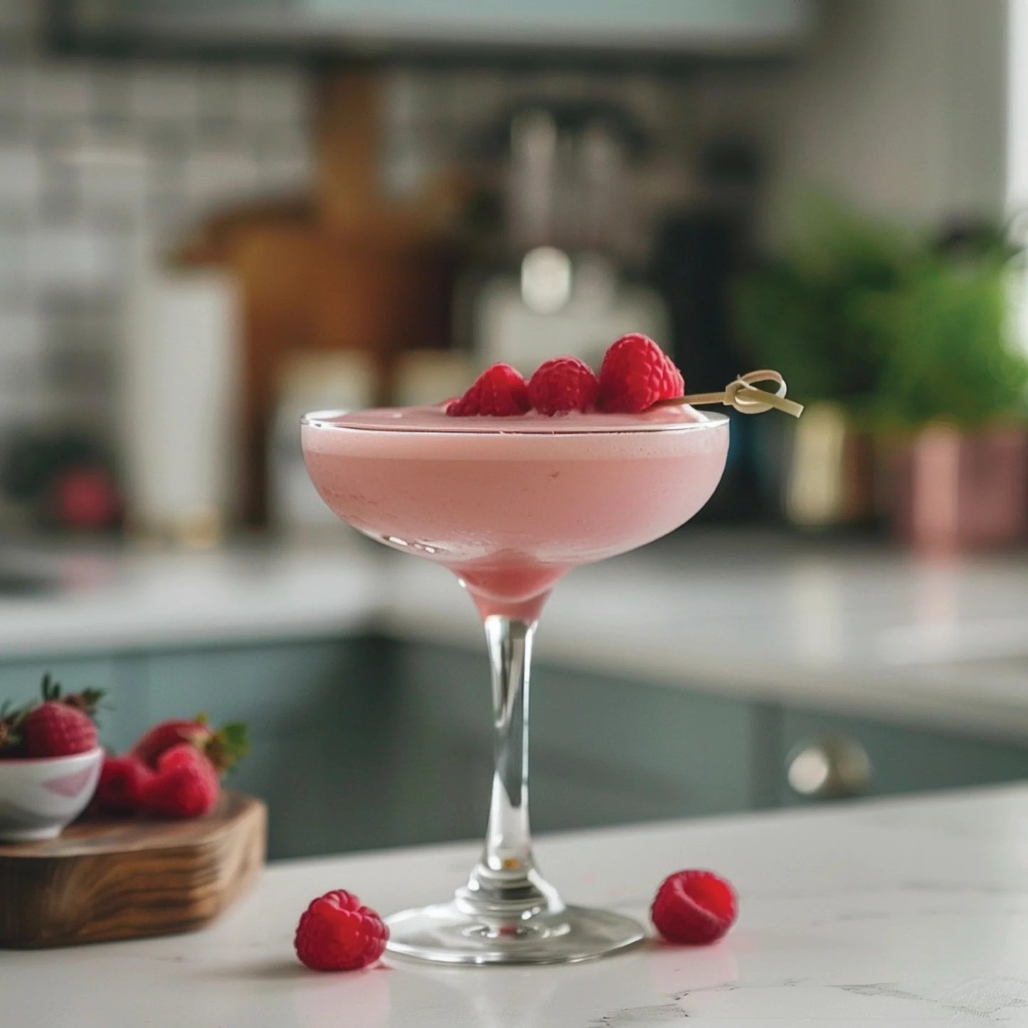 pink iced beverage with raspberry garnish