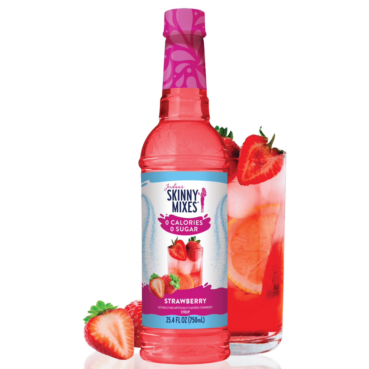 bottle of Strawberry Sugar Free Syrup arranged with a strawberry beverage and strawberry