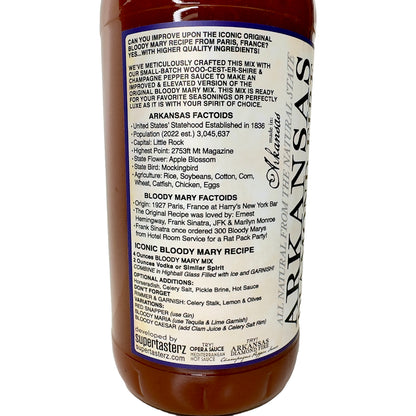 side view of the label of a bottle of Arkansas Diamond Fire - Bloody Mary Mix. call 501-327-2182 for more information