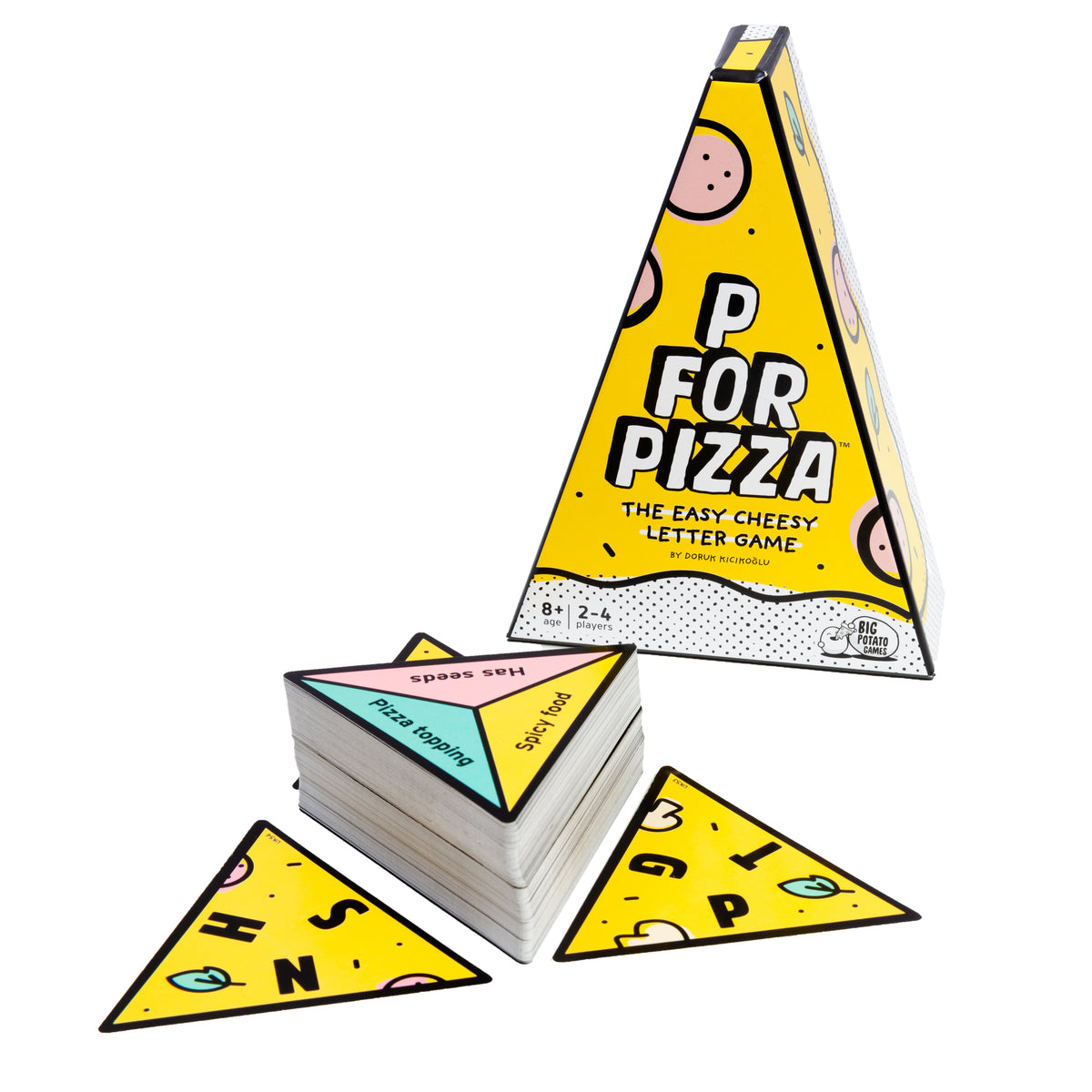 boxed game of P for Pizza with cards arranged in front