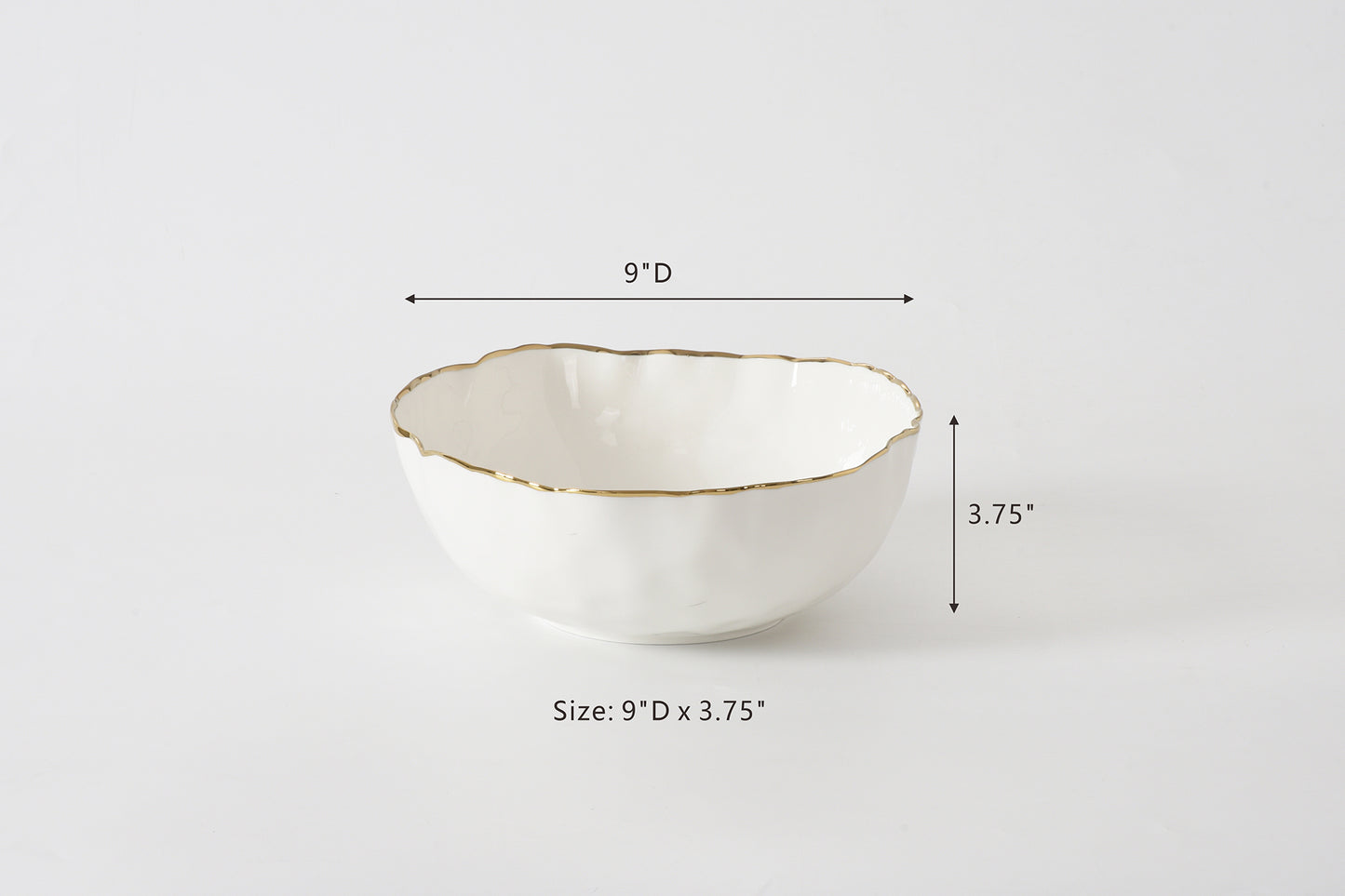 White ceramic bowl with gold rim and measurements on a white background