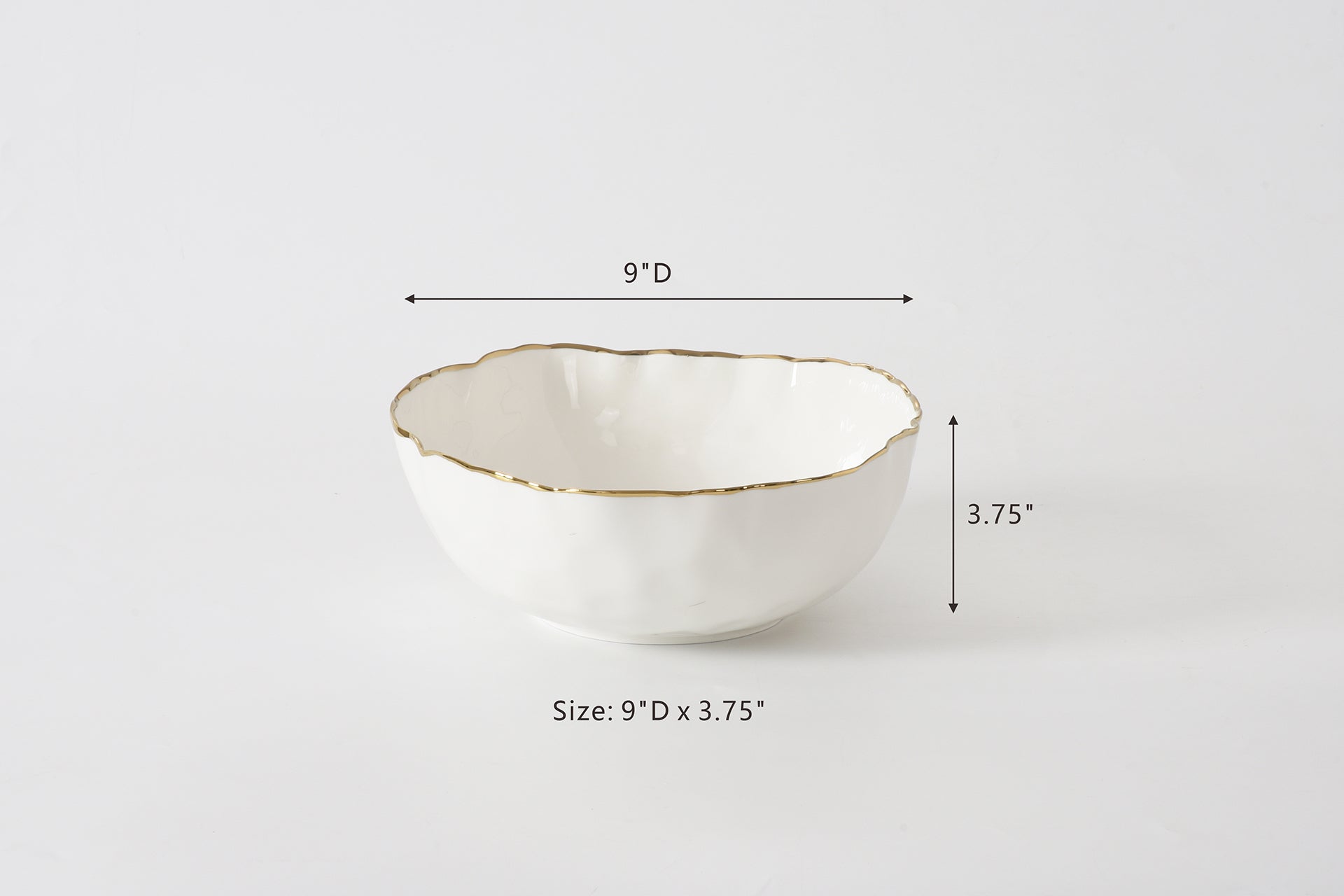 White ceramic bowl with gold rim and measurements on a white background