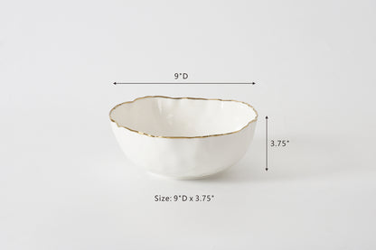 White ceramic bowl with gold rim and measurements on a white background