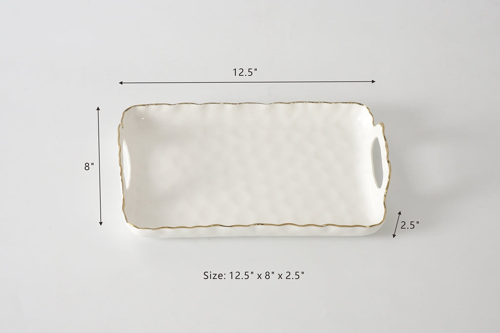 Rectangular ceramic tray with dimensions on a gray background