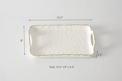 Rectangular ceramic tray with dimensions on a gray background