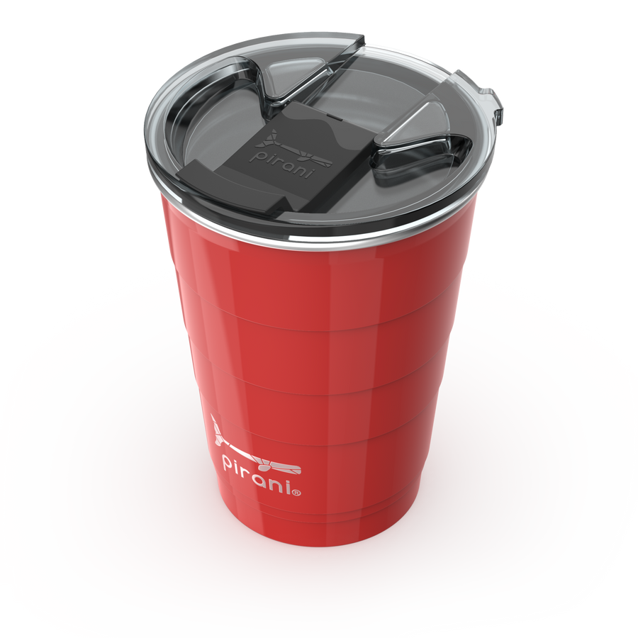 angled top view of red tumbler showing lid on cup.