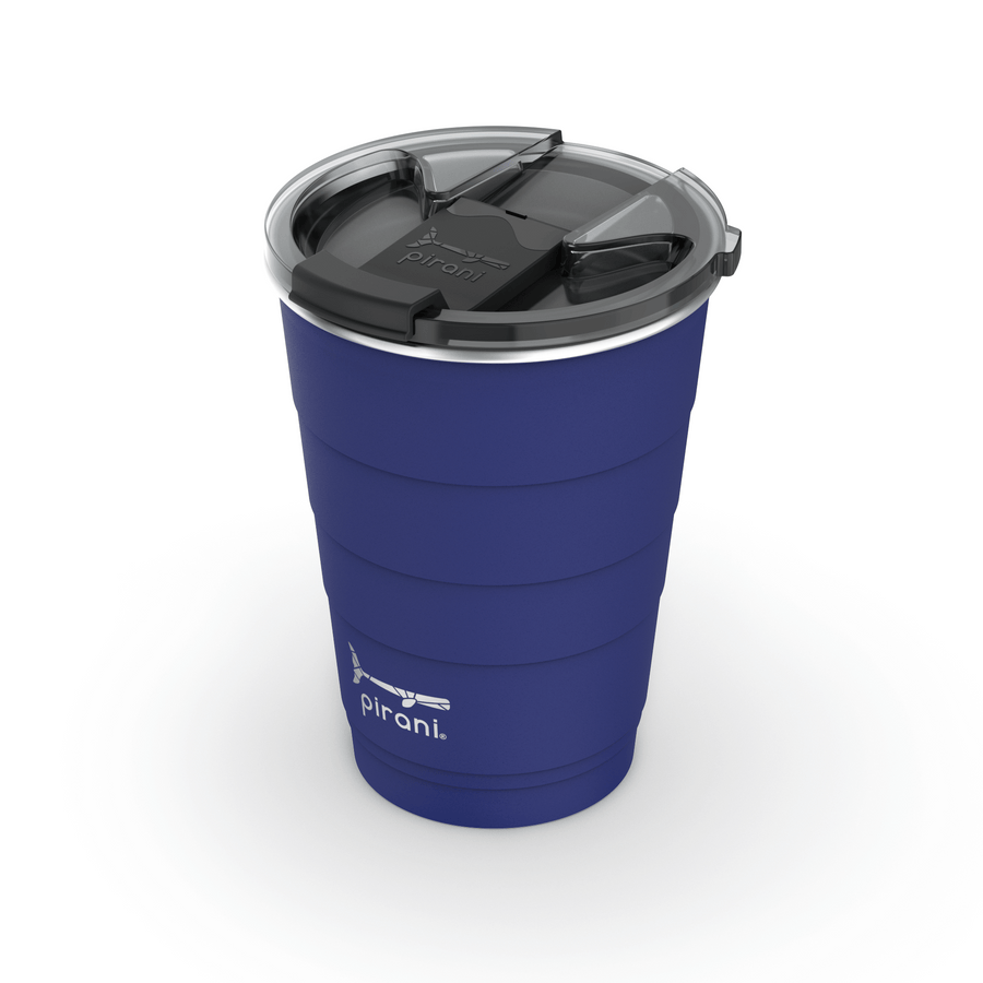 angled top view of navy tumbler showing lid on cup.