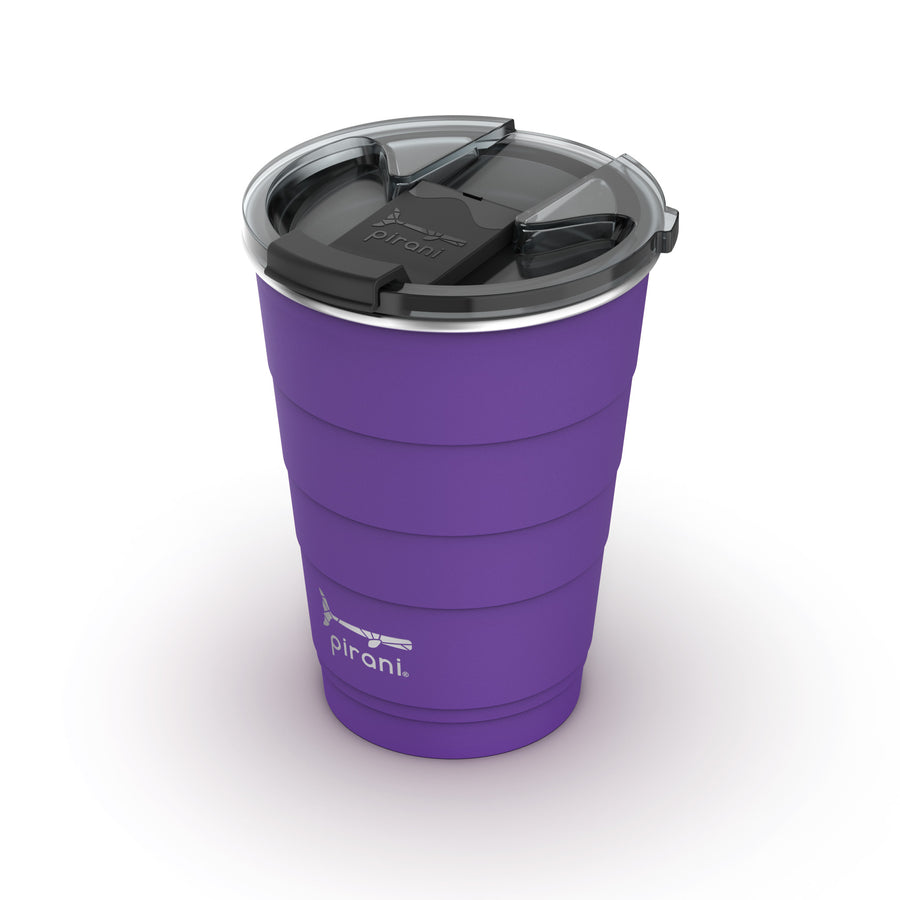 angled top view of purple tumbler showing lid on cup.