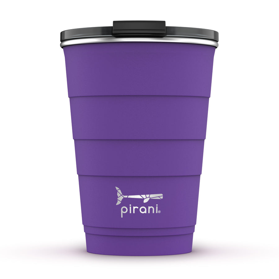 purple tumbler with silver pirani logo near the bottom of cup and a lid on it shown a white background.