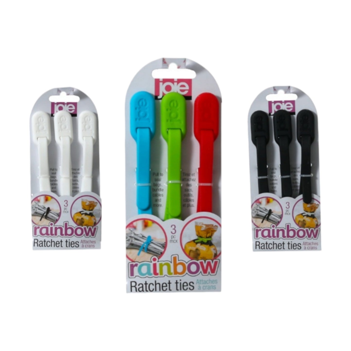 Three packages of rainbow ratchet ties with different color options on a white background.