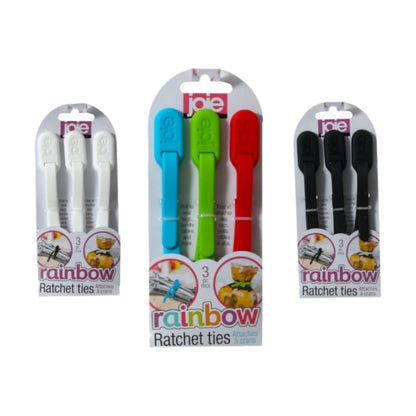 Three packages of rainbow ratchet ties with different color options on a white background.