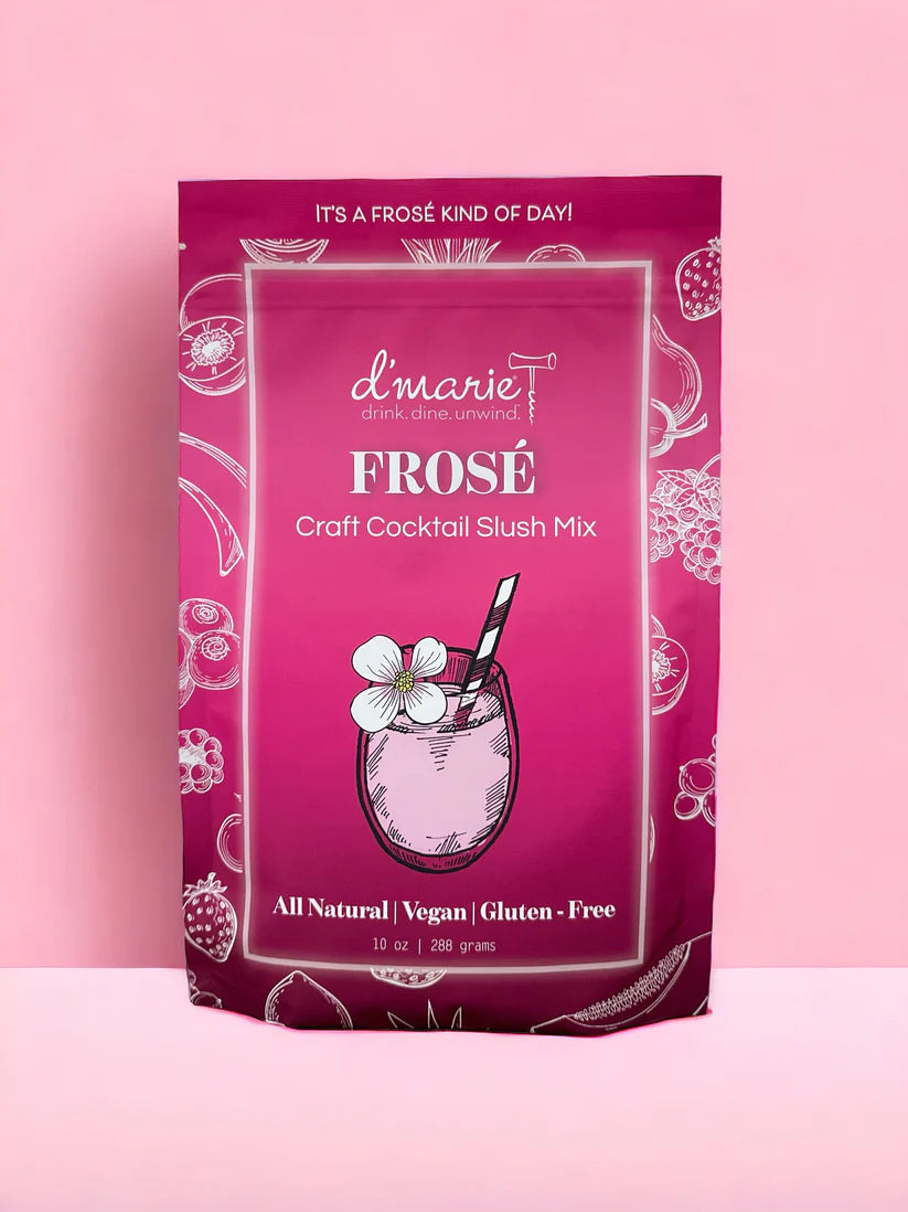 bright pink pouch with beverage graphic printed on it and filled with frose slushie mix shown on a pink background.