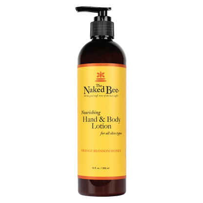 A 12 oz pump bottle of The Naked Bee Nourishing Hand & Body Lotion in Orange Blossom Honey scent, featuring a bright yellow label on a dark amber bottle with a black pump dispenser.