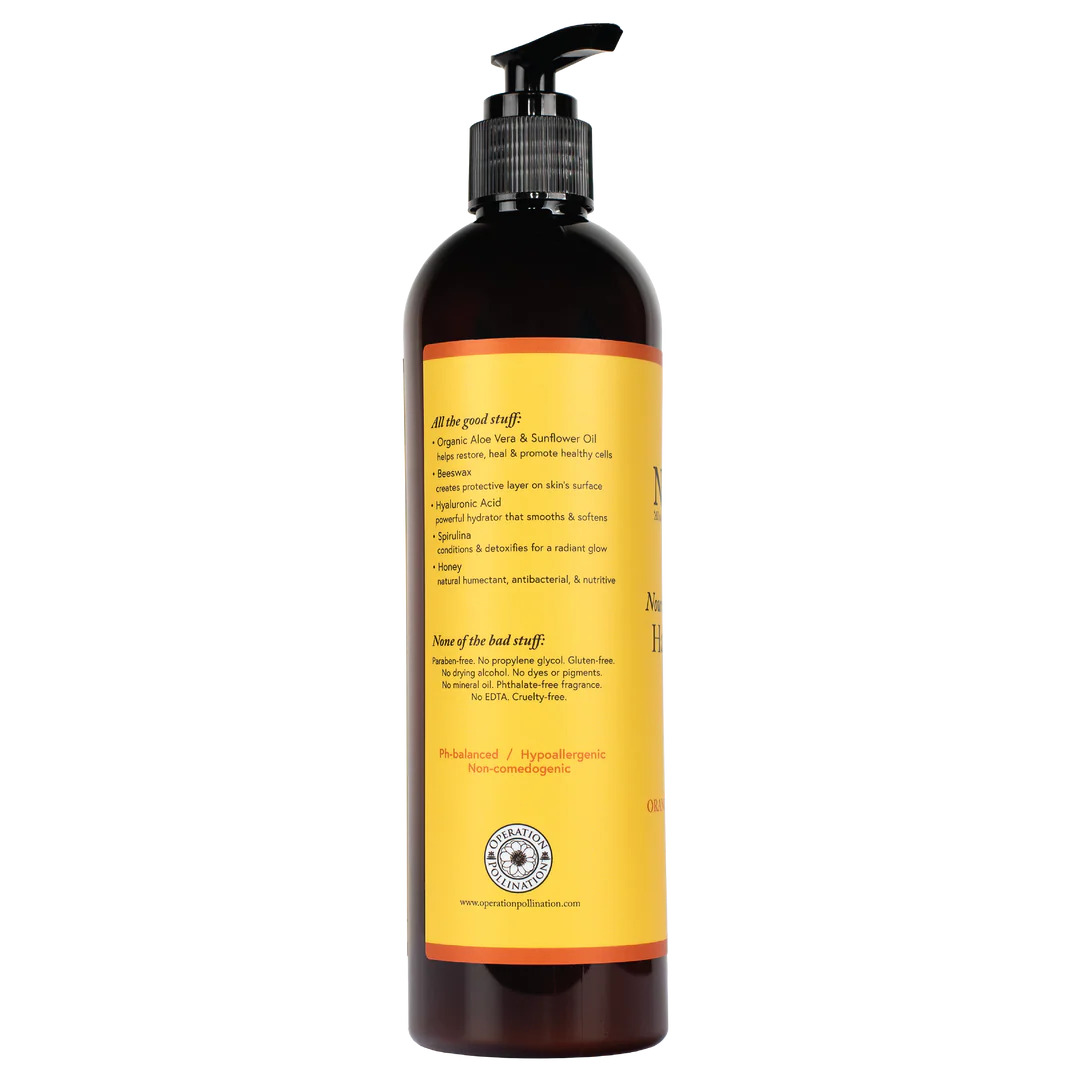 side view of bottle of  Nourishing Hand & Body Lotion in Orange Blossom Honey scent