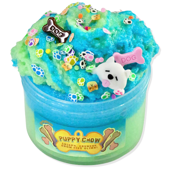 peachybbies slime container filled with blue and green slime with puppy face charms, puppy sprinkles, and bone charms - note this is slime not food