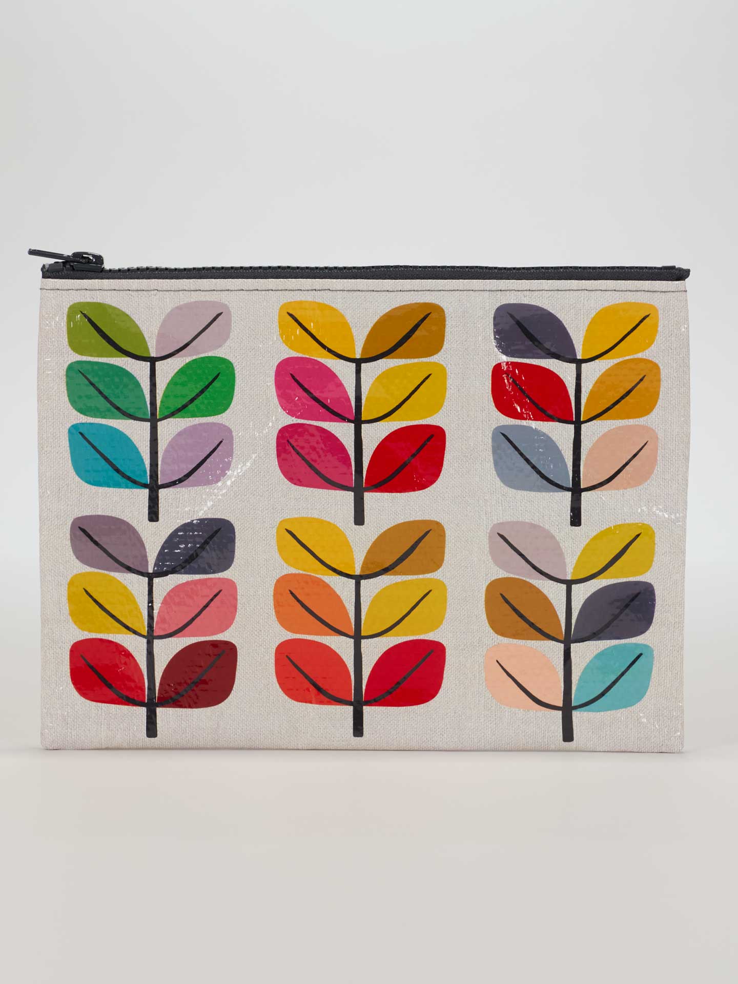 tan pouch with black zipper and multicolored sprout images