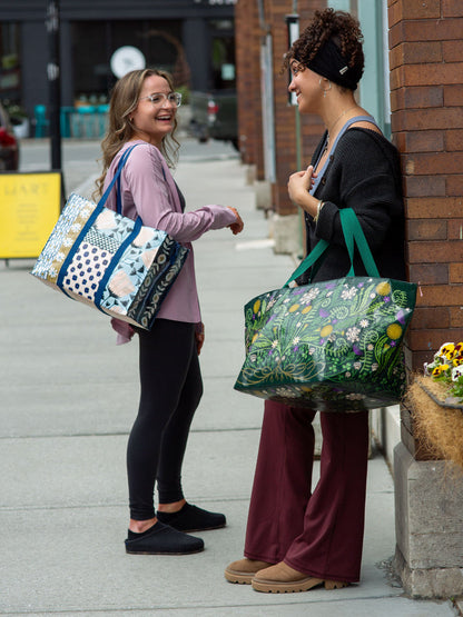 smiling person carrying Patchwork Shoulder Tote